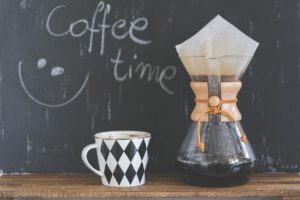 pour over brew coffee and black and white mug