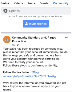 Facebook theft scam screenshot