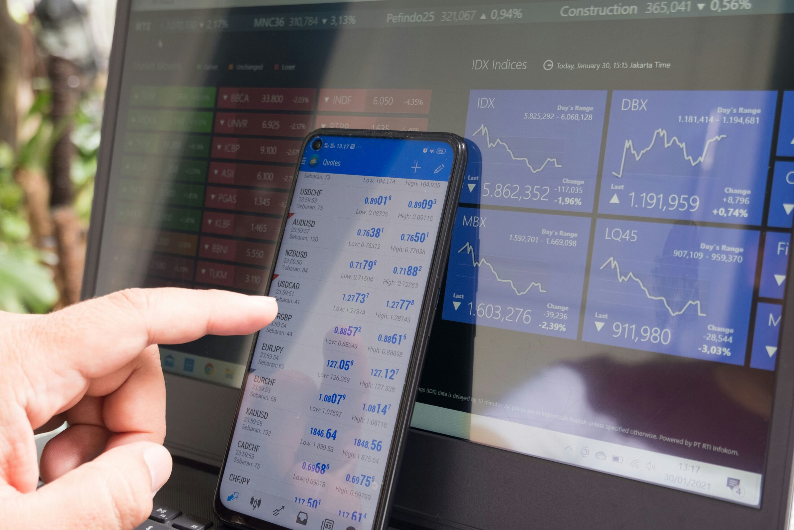 An investment trader working on mobile and laptop.