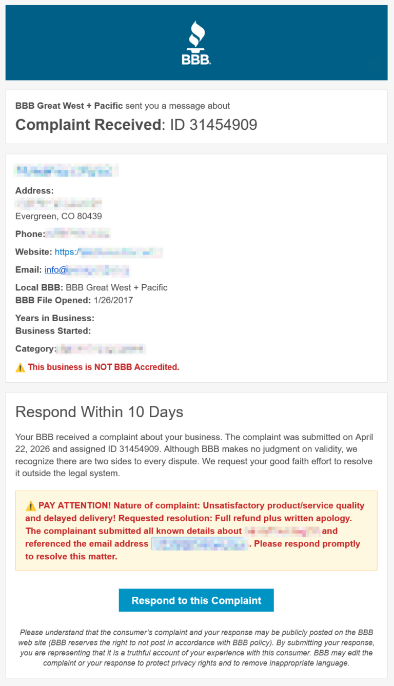 A scam email from phishers pretending to be the Better Business Bureau.