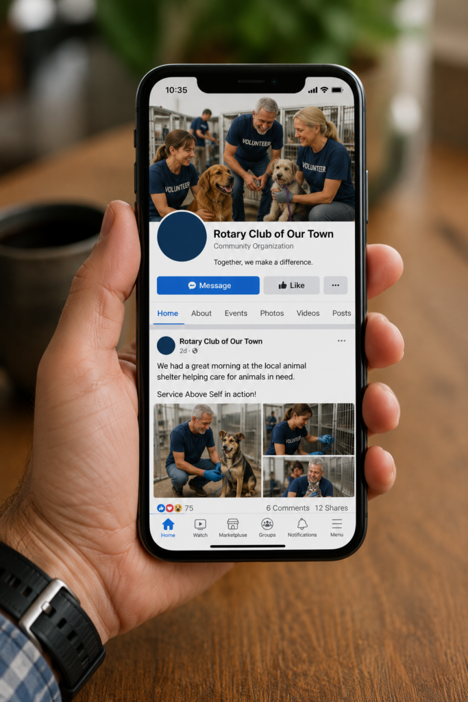 man holding cell phone with Rotary Facebook page showing