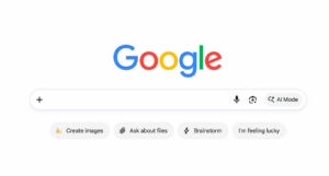 Screenshot of Google's redesigned homepage showing the new AI-focused buttons replacing the classic Search button.